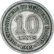 Malaysia 10 Cents George VI Malaya 1949 KM# 8 COMMISSIONERS OF CURRENCY MALAYA 10 CENTS 1950 coin reverse Malaysia 10 Cents George VI Malaya 1949 KM# 8 COMMISSIONERS OF CURRENCY MALAYA 10 CENTS 1950 coin reverse