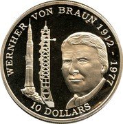 Niue 10 Dollars Wernher von Braun 1992 Proof KM# 86 WERNHER VON BRAUN 1912 - 1977 10 DOLLARS coin reverse Niue 10 Dollars Wernher von Braun 1992 Proof KM# 86 WERNHER VON BRAUN 1912 - 1977 10 DOLLARS coin reverse
