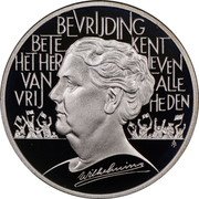 Netherlands 10 ECU (Wilhelmina 40th Anniversary Liberation WWII) X# 90a BEVRIJDING BETE KENT HET HER LEVEN VAN ALLE VRIJ HEDEN WILHELMINA coin reverse