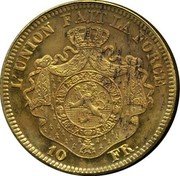 Belgium 10 Francs (Leopold II Pattern) L'UNION FAIT LA FORCE 10 FR. coin reverse Belgium 10 Francs (Leopold II Pattern) L'UNION FAIT LA FORCE 10 FR. coin reverse