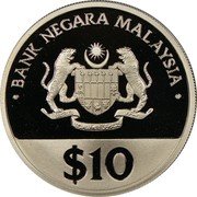 Malaysia 10 Ringgit 30th Anniversary of Independence 1987 KM# 44 BANK NEGARA MALAYSIA $10 coin obverse Malaysia 10 Ringgit 30th Anniversary of Independence 1987 KM# 44 BANK NEGARA MALAYSIA $10 coin obverse