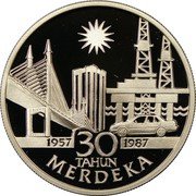 Malaysia 10 Ringgit 30th Anniversary of Independence 1987 KM# 44 30 TAHUN MERDEKA 1957 1987 coin reverse Malaysia 10 Ringgit 30th Anniversary of Independence 1987 KM# 44 30 TAHUN MERDEKA 1957 1987 coin reverse
