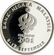 Malaysia 10 Ringgit XXI SEA Games 2001 Proof KM# 72 BANK NEGARA MALAYSIA KUALA LUMPUR 2001 8 - 17 SEPTEMBER coin obverse Malaysia 10 Ringgit XXI SEA Games 2001 Proof KM# 72 BANK NEGARA MALAYSIA KUALA LUMPUR 2001 8 - 17 SEPTEMBER coin obverse