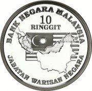 Malaysia 10 Ringgit 50 Anniversary of Bunga Ray 2010 BANK NEGARA MALAYSIA 10 RINGGIT JABATAN WARISAN NEGARA coin obverse Malaysia 10 Ringgit 50 Anniversary of Bunga Ray 2010 BANK NEGARA MALAYSIA 10 RINGGIT JABATAN WARISAN NEGARA coin obverse
