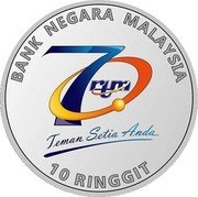 Malaysia 10 Ringgit (70th Anniversary of Radio and Television Malaysia) BANK NEGARA MALAYSIA 70 RTM TEMAN SETIA ANDA 10 RINGGIT coin obverse Malaysia 10 Ringgit (70th Anniversary of Radio and Television Malaysia) BANK NEGARA MALAYSIA 70 RTM TEMAN SETIA ANDA 10 RINGGIT coin obverse