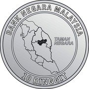 Malaysia 10 Ringgit (75th Anniversary of Taman Negara National Park) BANK NEGARA MALAYSIA TAMAN NEGARA 10 RINGGIT coin obverse Malaysia 10 Ringgit (75th Anniversary of Taman Negara National Park) BANK NEGARA MALAYSIA TAMAN NEGARA 10 RINGGIT coin obverse