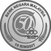 Malaysia 10 Ringgit (Felcra Golden Jubilee) BANK NEGARA MALAYSIA 50 FELCRA BERHAD 10 RINGGIT coin obverse Malaysia 10 Ringgit (Felcra Golden Jubilee) BANK NEGARA MALAYSIA 50 FELCRA BERHAD 10 RINGGIT coin obverse