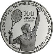 Niue 100 Dollars Seoul 1988 - Boris Becker 1987 Proof KM# 3 TENNIS OLYMPIC GAMES SEOUL 1988 BORIS BECKER WIMBLEDON CHAMPION 1985-86 100 DOLLARS FIVE OUNCES FINE SILVER coin reverse Niue 100 Dollars Seoul 1988 - Boris Becker 1987 Proof KM# 3 TENNIS OLYMPIC GAMES SEOUL 1988 BORIS BECKER WIMBLEDON CHAMPION 1985-86 100 DOLLARS FIVE OUNCES FINE SILVER coin reverse
