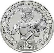 Niue 100 Dollars Steffi Graf With Cup 1988 KM# 77 XXIV OLYMPIC GAMES SEOUL 1988 STEFFI GRAF MASTERS CHAMPION 1987 100 DOLLARS coin reverse Niue 100 Dollars Steffi Graf With Cup 1988 KM# 77 XXIV OLYMPIC GAMES SEOUL 1988 STEFFI GRAF MASTERS CHAMPION 1987 100 DOLLARS coin reverse