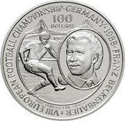 Niue 100 Dollars Franz Beckenbauer 1988 Proof KM# 21 VIII NATIONAL FOOTBALL CHAMPIONSHIP GERMANY 1988 FRANZ BECKENBAUER 100 DOLLARS coin reverse Niue 100 Dollars Franz Beckenbauer 1988 Proof KM# 21 VIII NATIONAL FOOTBALL CHAMPIONSHIP GERMANY 1988 FRANZ BECKENBAUER 100 DOLLARS coin reverse
