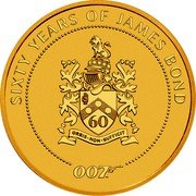 Tuvalu 100 Dollars (Bond Family Crest) SIXTY YEARS OF JAMES BOND 60 ORBIS NON SUFFICIT 007 TM coin reverse Tuvalu 100 Dollars (Bond Family Crest) SIXTY YEARS OF JAMES BOND 60 ORBIS NON SUFFICIT 007 TM coin reverse