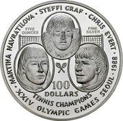 Niue 100 Dollars Navratilova, Graf and Evert 1988 Proof KM# 40 MARTINA NAVRATILOVA STEFFI GRAF CHRIS EVERT 100 DOLLARS TENNIS CHAMPIONS XXIV OLYMPIC GAMES SEOUL 1988 coin reverse Niue 100 Dollars Navratilova, Graf and Evert 1988 Proof KM# 40 MARTINA NAVRATILOVA STEFFI GRAF CHRIS EVERT 100 DOLLARS TENNIS CHAMPIONS XXIV OLYMPIC GAMES SEOUL 1988 coin reverse