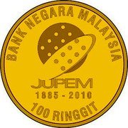 Malaysia 100 Ringgit (125 Anniversary of Jabatan Ukur Dan Pemetaan) BANK NEGARA MALAYSIA JUPEM 1885-2010 100 RINGGIT coin obverse Malaysia 100 Ringgit (125 Anniversary of Jabatan Ukur Dan Pemetaan) BANK NEGARA MALAYSIA JUPEM 1885-2010 100 RINGGIT coin obverse