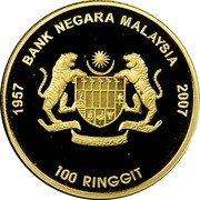 Malaysia 100 Ringgit 50th Anniversary of Independence 2007 Proof KM# 187 BANK NEGARA MALAYSIA 100 RINGGIT 1957 2007 coin obverse Malaysia 100 Ringgit 50th Anniversary of Independence 2007 Proof KM# 187 BANK NEGARA MALAYSIA 100 RINGGIT 1957 2007 coin obverse