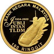 Malaysia 100 Ringgit 75th Anniversary of Royal Navy 2009 Proof KM# 199 BANK NEGARA MALAYSIA 100 RINGGIT JUBLI INTAN TLDM 1934-2009 coin obverse Malaysia 100 Ringgit 75th Anniversary of Royal Navy 2009 Proof KM# 199 BANK NEGARA MALAYSIA 100 RINGGIT JUBLI INTAN TLDM 1934-2009 coin obverse