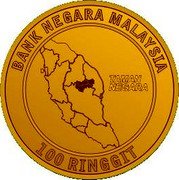 Malaysia 100 Ringgit (75th Anniversary of Taman Negara National Park) BANK NEGARA MALAYSIA TAMAN NEGARA 100 RINGGIT coin obverse Malaysia 100 Ringgit (75th Anniversary of Taman Negara National Park) BANK NEGARA MALAYSIA TAMAN NEGARA 100 RINGGIT coin obverse
