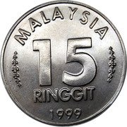 Malaysia 15 Ringgit First Grand Prix 1999 Proof KM# 68 MALAYSIA 15 RINGGIT 1999 coin obverse Malaysia 15 Ringgit First Grand Prix 1999 Proof KM# 68 MALAYSIA 15 RINGGIT 1999 coin obverse