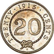 Malaysia 20 Cents Charles J. Brooke Sarawak 1915 H KM# 10 TWENTY 1915 CENTS 20 coin reverse Malaysia 20 Cents Charles J. Brooke Sarawak 1915 H KM# 10 TWENTY 1915 CENTS 20 coin reverse