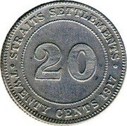 Malaysia Twenty Cents George V Straits Settlements 1917 B KM# 30 STRAITS SETTLEMENTS 20 TWENTY CENTS 1916 coin reverse Malaysia Twenty Cents George V Straits Settlements 1917 B KM# 30 STRAITS SETTLEMENTS 20 TWENTY CENTS 1916 coin reverse