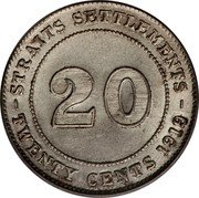 Malaysia 20 Cents George V Straits Settlements 1919 B KM# 30a STRAITS SETTLEMENTS 20 TWENTY CENTS 1919 coin reverse Malaysia 20 Cents George V Straits Settlements 1919 B KM# 30a STRAITS SETTLEMENTS 20 TWENTY CENTS 1919 coin reverse
