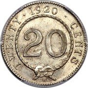 Malaysia 20 Cents Charles V. Brooke Sarawak 1920 H KM# 17 TWENTY CENTS 1920 20 coin reverse