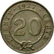 Malaysia 20 Cents Charles V. Brooke Sarawak 1927 H KM# 17a TWENTY CENTS 1927 20 coin reverse Malaysia 20 Cents Charles V. Brooke Sarawak 1927 H KM# 17a TWENTY CENTS 1927 20 coin reverse