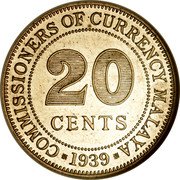 Malaysia 20 Cents George VI Malaya 1939 KM# 5 COMMISIONERS OF CURRENCY MALAYA 20 CENTS 1939 coin reverse Malaysia 20 Cents George VI Malaya 1939 KM# 5 COMMISIONERS OF CURRENCY MALAYA 20 CENTS 1939 coin reverse