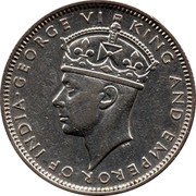 Malaysia 20 Cents George VI Malaya 1943 KM# 5a GEORGE VI KING AND EMPEROR OF INDIA PM coin obverse Malaysia 20 Cents George VI Malaya 1943 KM# 5a GEORGE VI KING AND EMPEROR OF INDIA PM coin obverse
