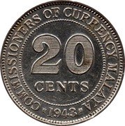 Malaysia 20 Cents George VI Malaya 1943 KM# 5a COMMISIONERS OF CURRENCY MALAYA 20 CENTS 1943 coin reverse Malaysia 20 Cents George VI Malaya 1943 KM# 5a COMMISIONERS OF CURRENCY MALAYA 20 CENTS 1943 coin reverse