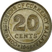 Malaysia 20 Cents George VI Malaya 1948 KM# 9 COMMISSIONERS OF CURRENCY MALAYA 20 CENTS 1950 coin reverse Malaysia 20 Cents George VI Malaya 1948 KM# 9 COMMISSIONERS OF CURRENCY MALAYA 20 CENTS 1950 coin reverse