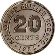 Malaysia 20 Cents Malaya and British Borneo 1954 Proof KM# 3a MALAYA AND BRITISH BORNEO 20 CENTS 1954 coin reverse Malaysia 20 Cents Malaya and British Borneo 1954 Proof KM# 3a MALAYA AND BRITISH BORNEO 20 CENTS 1954 coin reverse