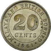 Malaysia 20 Cents Malaya and British Borneo 1961 KM# 3 MALAYA AND BRITISH BORNEO 20 CENTS 1956 coin reverse Malaysia 20 Cents Malaya and British Borneo 1961 KM# 3 MALAYA AND BRITISH BORNEO 20 CENTS 1956 coin reverse