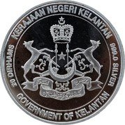 Malaysia 20 Dirhams (Kelantan) KERAJAAN NEGERI KELANTAN GOVERNMENT OF KELANTAN 999.0 SILVER 20 DIRHAMS coin obverse Malaysia 20 Dirhams (Kelantan) KERAJAAN NEGERI KELANTAN GOVERNMENT OF KELANTAN 999.0 SILVER 20 DIRHAMS coin obverse