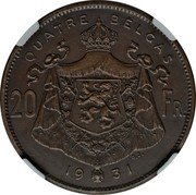 Belgium 20 Francs Albert I French legend Pattern 1931  Position A Coin alignment KM# Pn317 QUATRE BELGAS 20 FR. 1932 G.D. coin reverse Belgium 20 Francs Albert I French legend Pattern 1931  Position A Coin alignment KM# Pn317 QUATRE BELGAS 20 FR. 1932 G.D. coin reverse