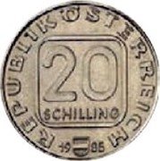 Austria 20 Schilling (Republic - 50th Anniversary) REPUBLIK ÖSTERREICH 20 SCHILLING 19 85 coin obverse Austria 20 Schilling (Republic - 50th Anniversary) REPUBLIK ÖSTERREICH 20 SCHILLING 19 85 coin obverse
