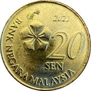 Malaysia 20 Sen Flower 2021 KM# 203 BANK NEGARA MALAYSIA 2012 20 SEN coin obverse Malaysia 20 Sen Flower 2021 KM# 203 BANK NEGARA MALAYSIA 2012 20 SEN coin obverse