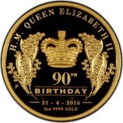 Australia 200 Dollars (90th Birthday) H. M. QUEEN ELIZABETH II 90TH P NM BIRTHDAY 21-4-2016 2 OZ 9999 GOLD coin reverse Australia 200 Dollars (90th Birthday) H. M. QUEEN ELIZABETH II 90TH P NM BIRTHDAY 21-4-2016 2 OZ 9999 GOLD coin reverse