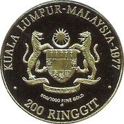 Malaysia 200 Ringgit 9th Southeast Asian Games 1977 FM KM# 24 KUALA LUMPUR-MALAYSIA-1977 900/1000 FINE GOLD 200 RINGGIT coin obverse Malaysia 200 Ringgit 9th Southeast Asian Games 1977 FM KM# 24 KUALA LUMPUR-MALAYSIA-1977 900/1000 FINE GOLD 200 RINGGIT coin obverse