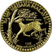Malaysia 200 Ringgit Mouse Deer 2000 KM# 123 BANK NEGARA MALAYSIA KIJANG EMAS 1 OZ 999.9 FINE GOLD 2000 coin obverse Malaysia 200 Ringgit Mouse Deer 2000 KM# 123 BANK NEGARA MALAYSIA KIJANG EMAS 1 OZ 999.9 FINE GOLD 2000 coin obverse