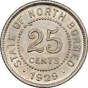 Malaysia 25 Cents George V Br. North Borneo 1929 H KM# 6 STATE OF NORTH BORNEO 25 CENTS 1929 coin obverse Malaysia 25 Cents George V Br. North Borneo 1929 H KM# 6 STATE OF NORTH BORNEO 25 CENTS 1929 coin obverse