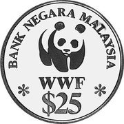 Malaysia 25 Ringgit WWF 1992 Proof KM# 62 BANK NEGARA MALAYSIA WWF $25 coin obverse Malaysia 25 Ringgit WWF 1992 Proof KM# 62 BANK NEGARA MALAYSIA WWF $25 coin obverse