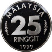 Malaysia 25 Ringgit First Grand Prix 1999 Proof KM# 69 MALAYSIA 25 RINGGIT 1999 coin obverse Malaysia 25 Ringgit First Grand Prix 1999 Proof KM# 69 MALAYSIA 25 RINGGIT 1999 coin obverse