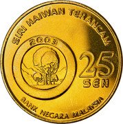 Malaysia 25 Sen Gaur 2003 KM# 87 SIRI HAIWAN TERANCAM 2003 25 SEN BANK NEGARA MALAYSIA coin obverse Malaysia 25 Sen Gaur 2003 KM# 87 SIRI HAIWAN TERANCAM 2003 25 SEN BANK NEGARA MALAYSIA coin obverse