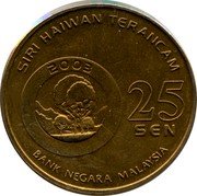 Malaysia 25 Sen Seated Proboscis Monkey 2003 KM# 86 SIRI HAIWAN TERANCAM 2003 25 SEN BANK NEGARA MALAYSIA coin obverse Malaysia 25 Sen Seated Proboscis Monkey 2003 KM# 86 SIRI HAIWAN TERANCAM 2003 25 SEN BANK NEGARA MALAYSIA coin obverse