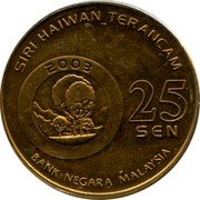 Malaysia 25 Sen Sambar Deer 2003 KM# 85 SIRI HAIWAN TERANCAM 2003 25 SEN BANK NEGARA MALAYSIA coin obverse Malaysia 25 Sen Sambar Deer 2003 KM# 85 SIRI HAIWAN TERANCAM 2003 25 SEN BANK NEGARA MALAYSIA coin obverse