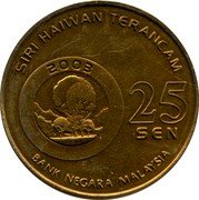 Malaysia 25 Sen Slow Loris 2003 KM# 81 2003 25 SEN BANK NEGARA MALAYSIA SIRI HAIWAN TERANCAM coin obverse Malaysia 25 Sen Slow Loris 2003 KM# 81 2003 25 SEN BANK NEGARA MALAYSIA SIRI HAIWAN TERANCAM coin obverse