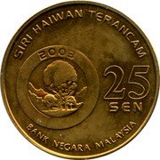 Malaysia 25 Sen Elephant 2003 KM# 78 2003 25 SEN BANK NEGARA MALAYSIA SIRI HAIWAN TERANCAM coin obverse Malaysia 25 Sen Elephant 2003 KM# 78 2003 25 SEN BANK NEGARA MALAYSIA SIRI HAIWAN TERANCAM coin obverse