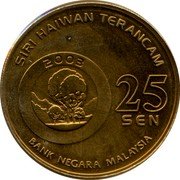Malaysia 25 Sen Sumatran Rhinoceros 2003 KM# 77 SIRI HAIWAN TERANCAM 25 SEN BANK NEGARA MALAYSIA coin obverse Malaysia 25 Sen Sumatran Rhinoceros 2003 KM# 77 SIRI HAIWAN TERANCAM 25 SEN BANK NEGARA MALAYSIA coin obverse
