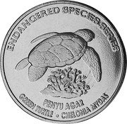Malaysia 25 Sen Green Turtle 2006 KM# 103 ENDANGERED SPECIES SERIES PENYU AGAR GREEN TURTLE CHELONIA MYOAS coin reverse Malaysia 25 Sen Green Turtle 2006 KM# 103 ENDANGERED SPECIES SERIES PENYU AGAR GREEN TURTLE CHELONIA MYOAS coin reverse