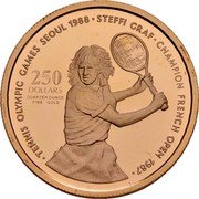Niue 250 Dollars Steffi Graf 1987 Proof KM# 10 TENNIS OLYMPICS GAMES SEOUL 1988 STEFFI GRAF CHAMPION FRENCH OPEN 1987 250 DOLLARS QUARTER OUNCE FINE GOLD coin reverse Niue 250 Dollars Steffi Graf 1987 Proof KM# 10 TENNIS OLYMPICS GAMES SEOUL 1988 STEFFI GRAF CHAMPION FRENCH OPEN 1987 250 DOLLARS QUARTER OUNCE FINE GOLD coin reverse